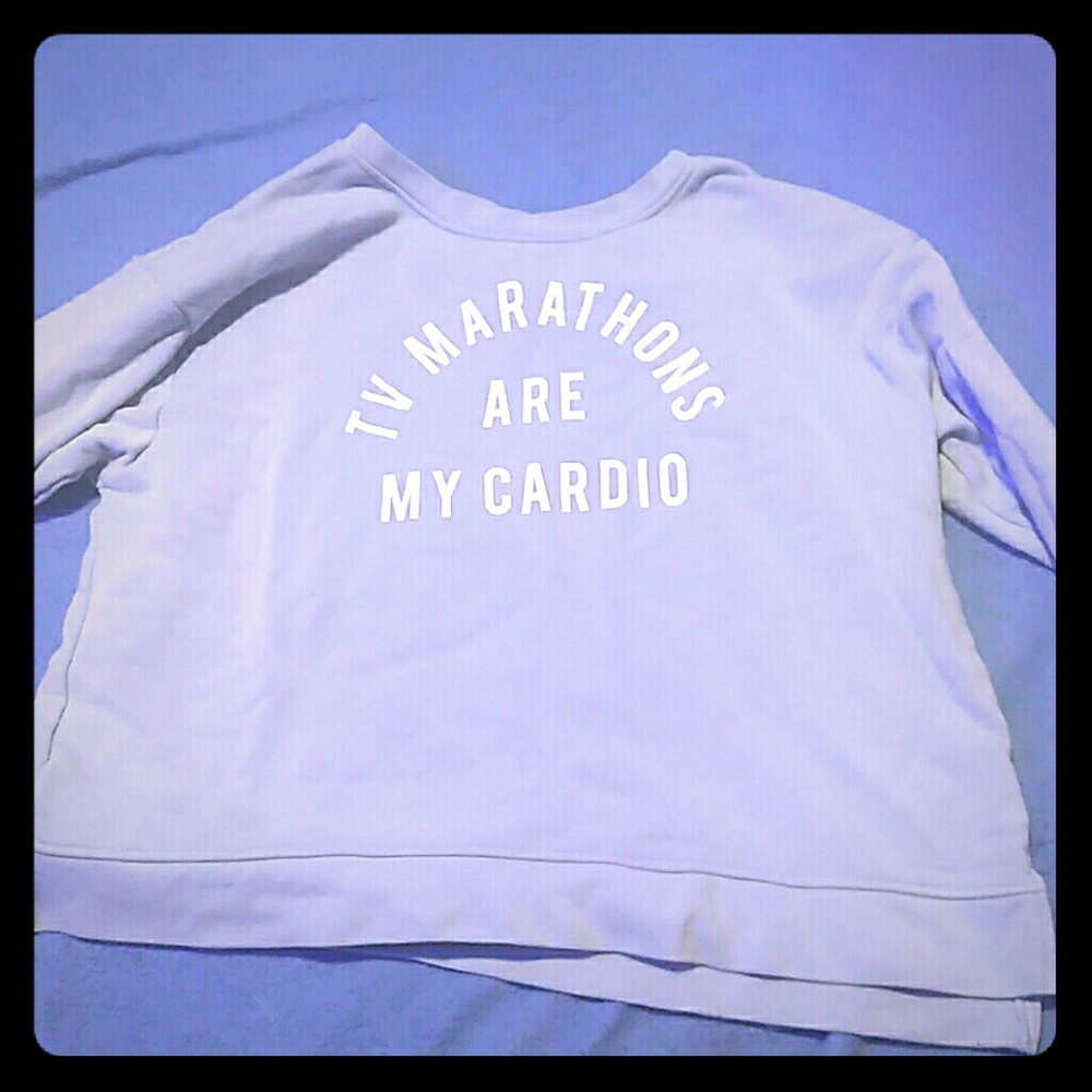 Muted teal "tv marathons are my cardio" sweater